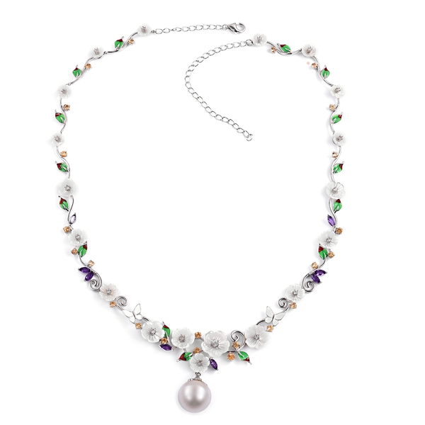 Jardin Collection- South Sea White Pearl (Rnd 13-14mm),Hand Carved White Mother of Pearl, and Multi 