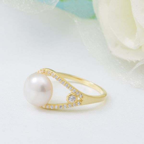 Freshwater Pearl and Simulated Diamond Ring in Yellow Gold Overlay Sterling Silver