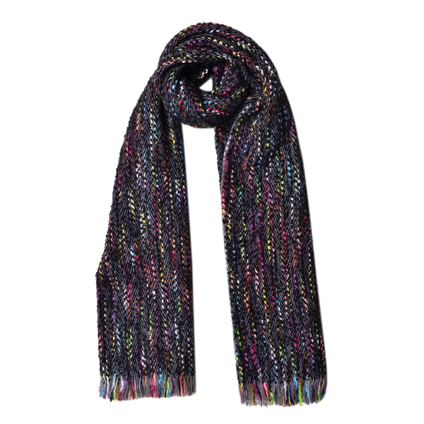 Designer Inspired-Black and Multi Colour Stripes Pattern Scarf with Fringes (Size 200X65 Cm)