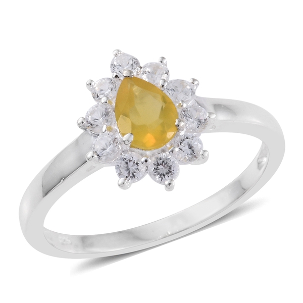 Natural Canary Opal (Pear 0.50 Ct), Natural Cambodian Zircon Ring in Sterling Silver 1.500 Ct.