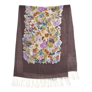 La Marey 100% Merino Woollen Floral Pattern Scarf (Size 170x66 Cm) - Brown