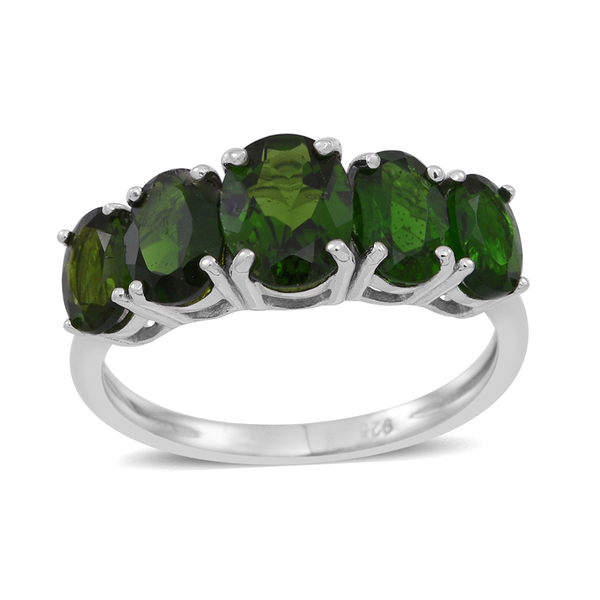 Chrome Diopside (Ovl 1.25 Ct) 5 Stone Ring in Rhodium Plated Sterling Silver 4.000 Ct.