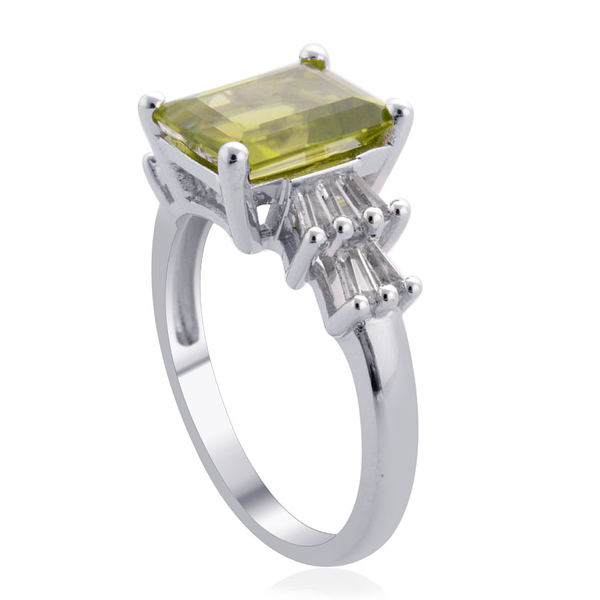 Hebei Peridot (Oct 3.50 Ct), White Topaz Ring in Platinum Overlay Sterling Silver 3.840 Ct.