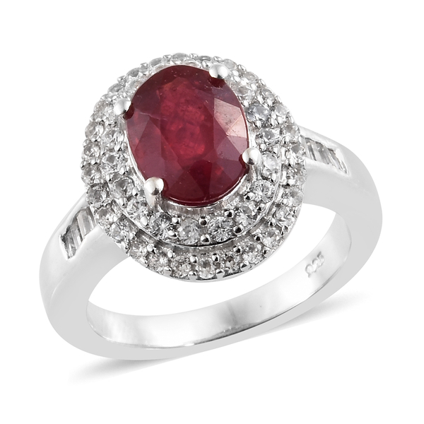 3.50 Ct African Ruby and Zircon Double Halo Ring in Platinum Plated Silver