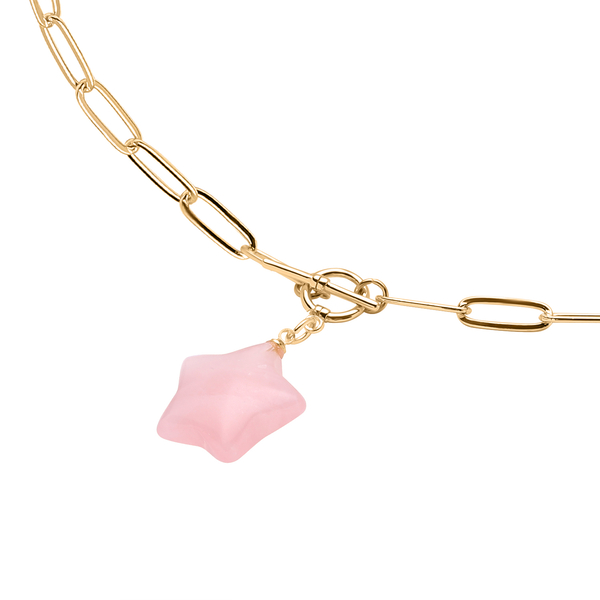 Rose Quartz Paperclip Necklace (Size - 20) with T-Bar Lock in Yellow Gold Tone 16.50 Ct.