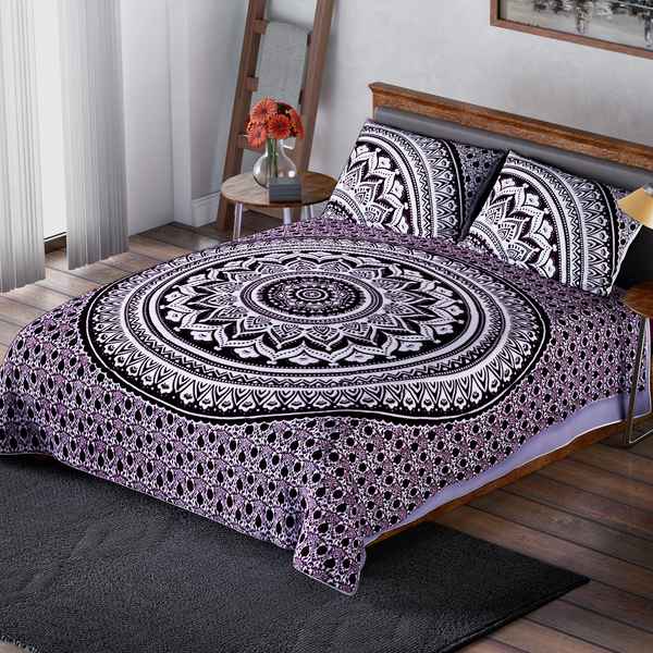 Set of 3 - Microflannel Mandala Printed Comforter in King Size with Sherpa Lining with 2 Sherpa Pillowcases - Dark Purple and Multi Colour - (230cm x 250cm)
