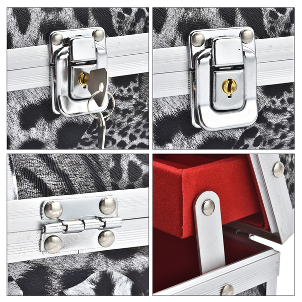 2 Layer Leopard Pattern Aluminium Jewellery Organiser with Handle, Lock and Inside Mirror (Size 12x10x7.5 Cm) - Black & Light Grey