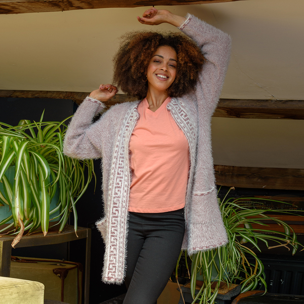 Geometric Pattern Winter Coatigan with Pockets (Size 48in CB 33in - Size 8-20) - Pink