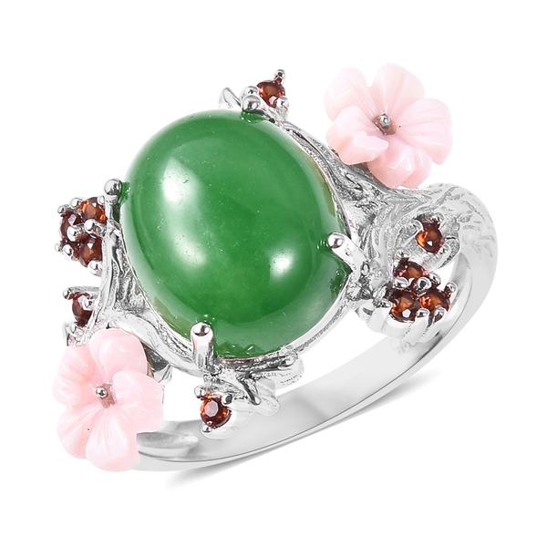 Jardin Collection Green Jade and Multi Gemstone Floral Ring in Rhodium Plated Sterling Silver