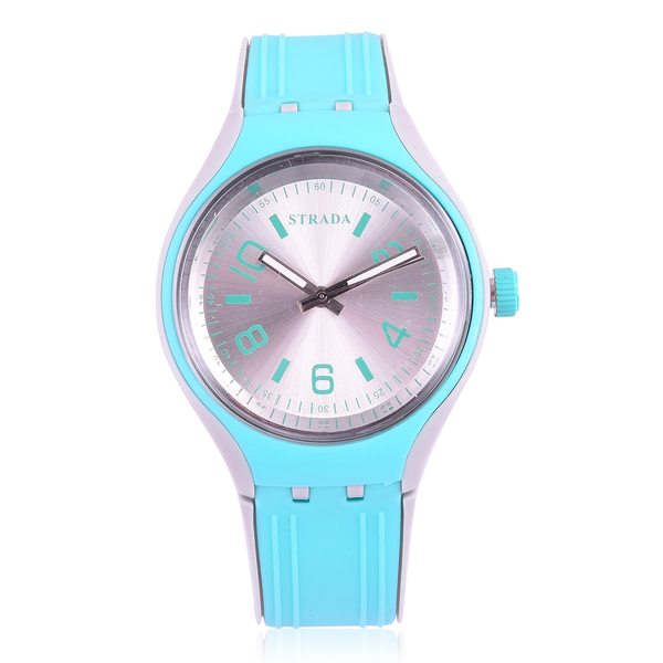 STRADA Japanese Movement Silver Sunshine Dial Turquoise and Grey Colour Watch with Silicone Strap