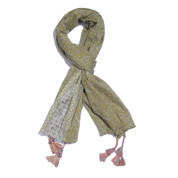 Designer Inspired - 100% Cotton Olive Green and White Colour Printed Scarf with Tassels (Size 200x18
