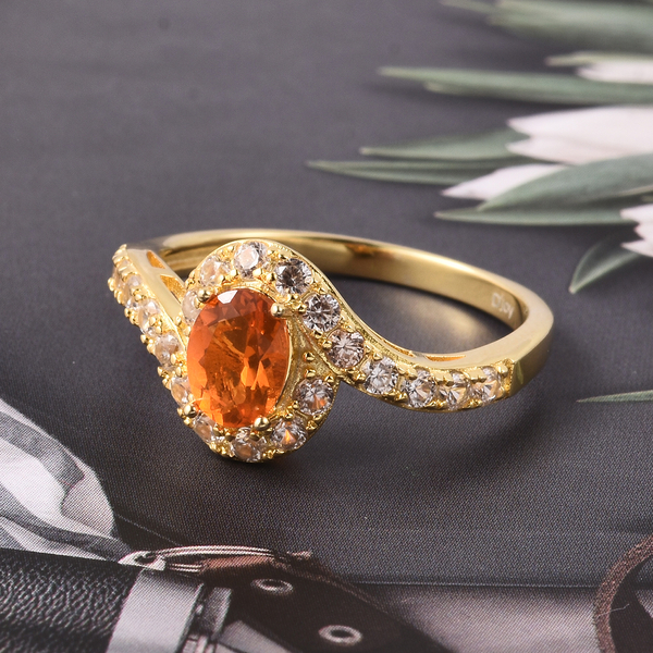 Jalisco Fire Opal and Natural Cambodian Zircon Bypass Ring in Yellow Gold Overlay Sterling Silver 1.75 Ct.