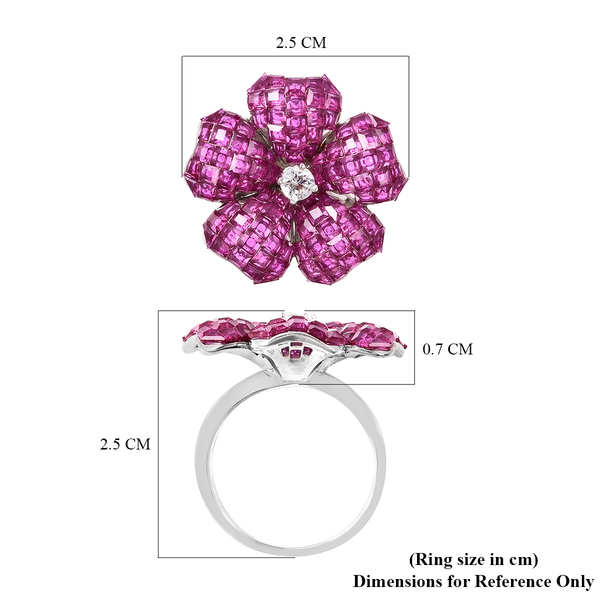 Lustro Stella Simulated Ruby and Simulated Diamond Floral Ring in Rhodium Overlay Sterling Silver