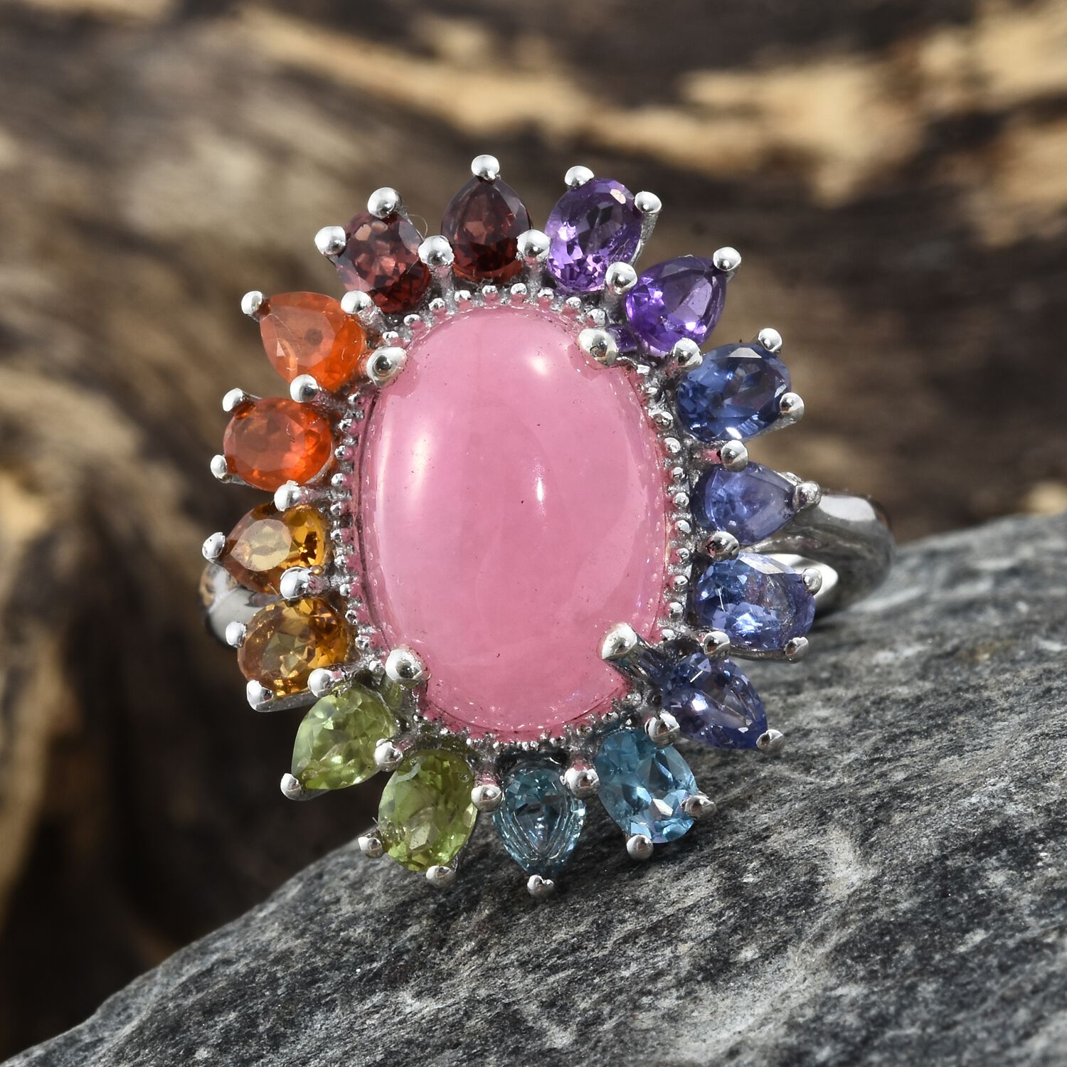 Pink Jade (Ovl 7.45 Ct),Tanzanite, Hebei Peridot, Blue Topaz, Mozambique Garnet, Amethyst, Citrine and Multi Gemstone Ring in Platinum Overlay Sterling Silver 10.000 Ct. Silver wt. 5.10 Gms.