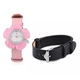 2 Piece Set - GP Swiss Movement Water Resistant Carved Pink Jade and Simulated Diamond Watch with Black Strap