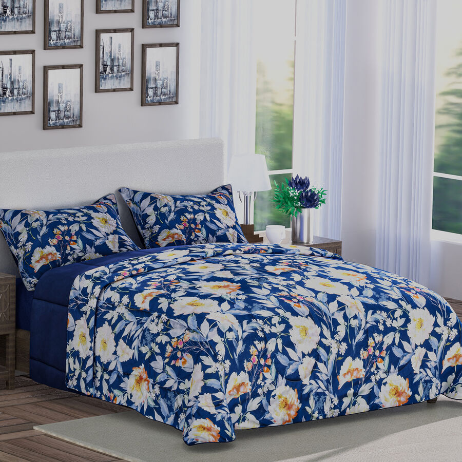 3 Piece Set - Floral Digital Printed Duvet Cover (Size 200 Cm) And Pillowcase (Size 70X50 Cm) - Blue & Multi (Double)