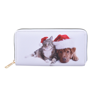 Christmas Cat & Dog with Xmas Hat Pattern Long Size Wallet with Zipper Closure (Size 19x10x3Cm)