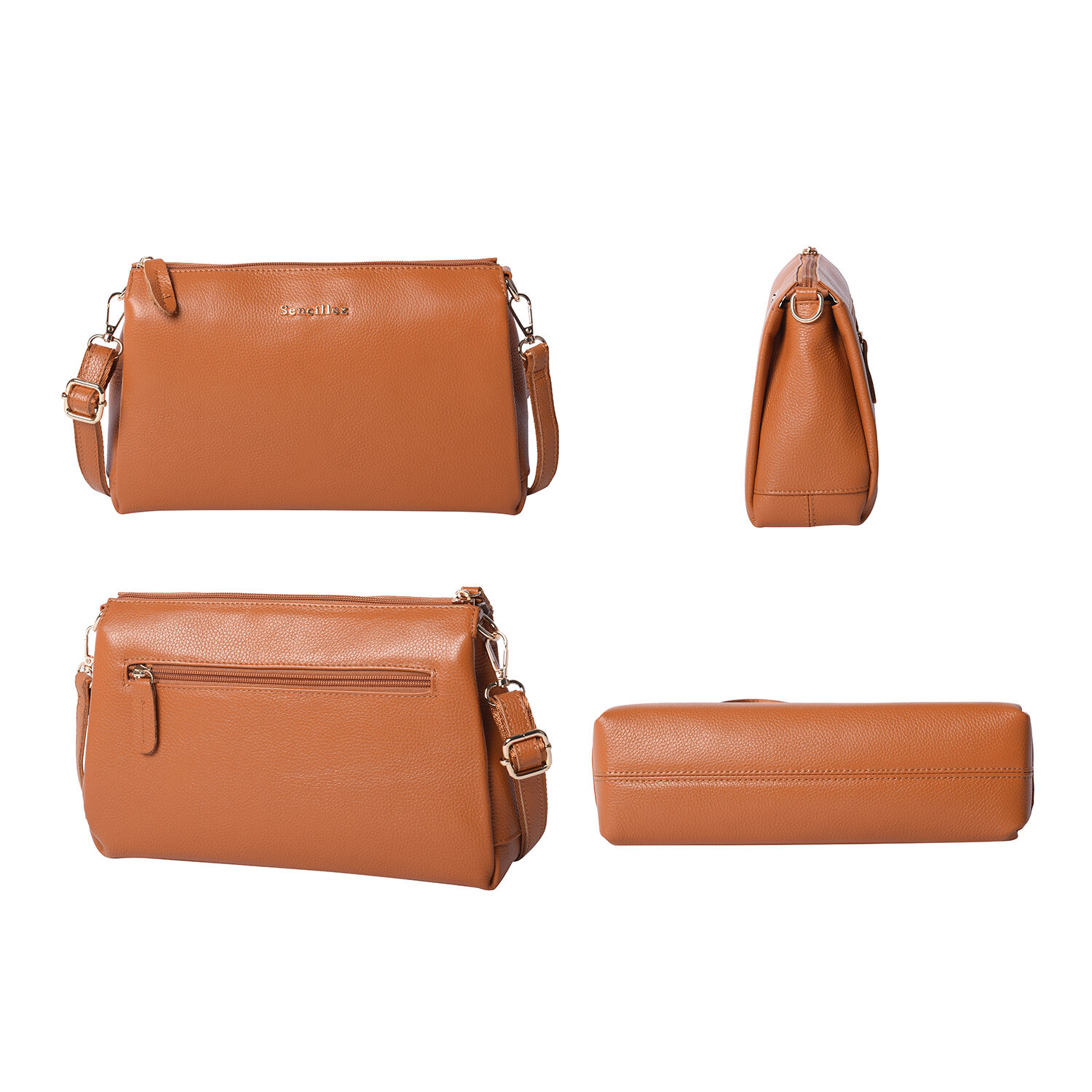 Tan Genuine Leather Crossbody Handbag with Adjustable long strap 