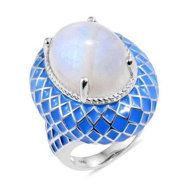 Sri Lankan Rainbow Moonstone (Ovl) Blue Colour Enameled Ring in Platinum Overlay Sterling Silver 18.