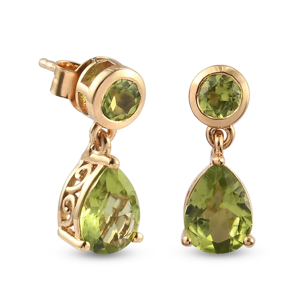 AA Hebei Peridot (Pear and Rnd) Drop Earrings (with Push Back) in 14K Gold Overlay Sterling Silver 2.89 Ct.