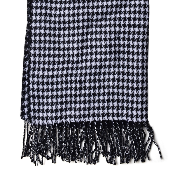 Close Out Deal- Black and White Colour Houndstooth and Stripes Pattern Reversible Scarf with Tassels (Size 180X60 Cm)