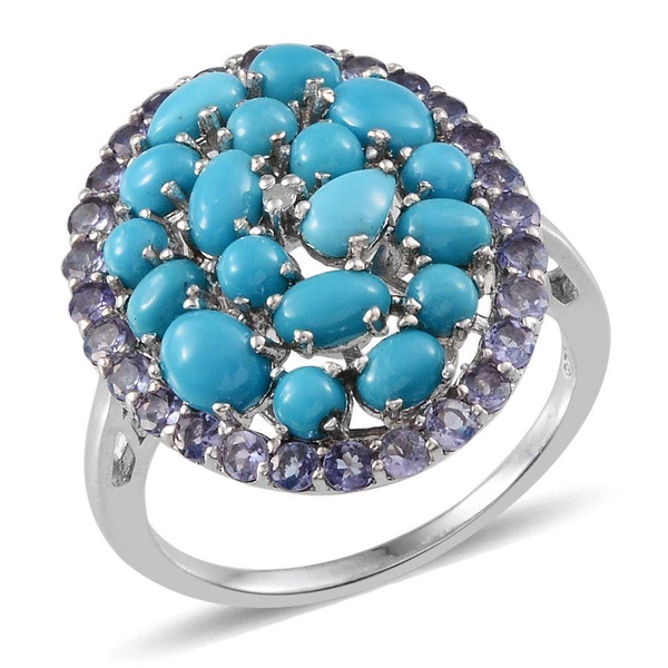 Arizona Sleeping Beauty Turquoise (Ovl), Tanzanite and Diamond Cluster Ring in Platinum Overlay Ster
