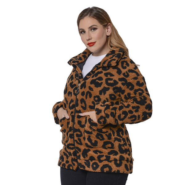 Leopard Pattern Faux Fur Coat with Pockets (Size S; 8-10)