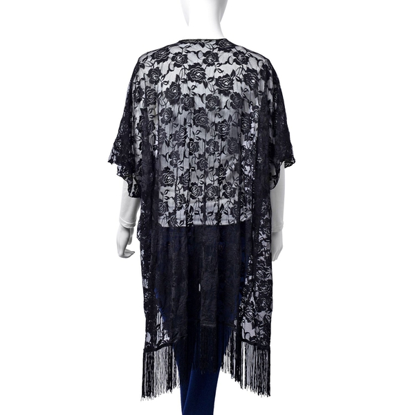 Floral Lace Pattern Black Colour Kimono - Jacket with Fringes (Free Size)