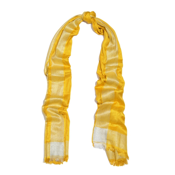 100% Modal Spectra Yellow and Silver Colour Scarf with Fringes (Size 180X70 Cm)