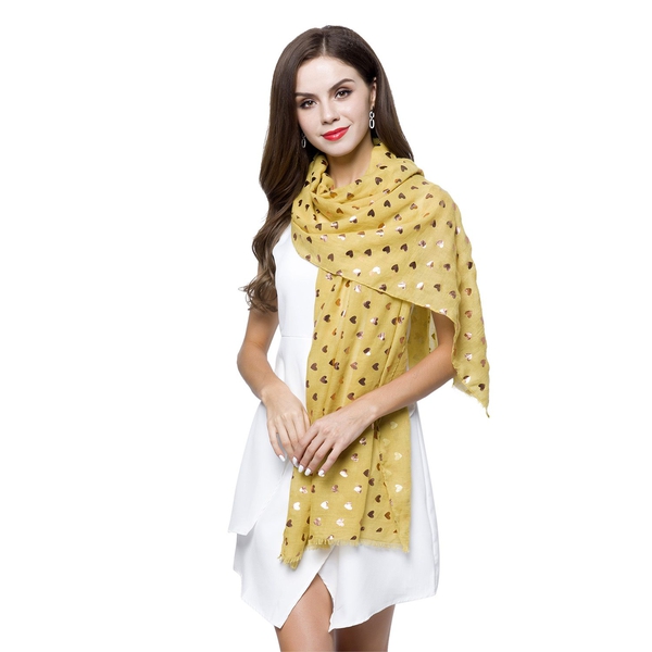 Golden Hearts Pattern Yellow Colour Scarf with Fringes (Size 180X70 Cm)