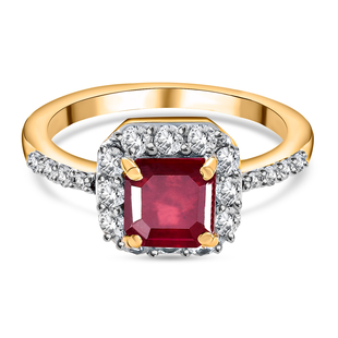 2 Carat African Ruby and Natural Cambodian Zircon Halo Ring in 14K Gold Plated Sterling Silver