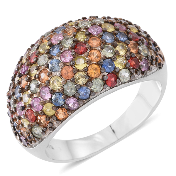 Designer Inspired 4.750 Ct Rainbow Sapphire Cluster Ring in Rhodium Plated Silver 6.70 Grams