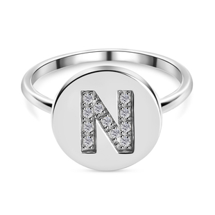 White Diamond Initial-N Ring in Platinum Overlay Sterling Silver