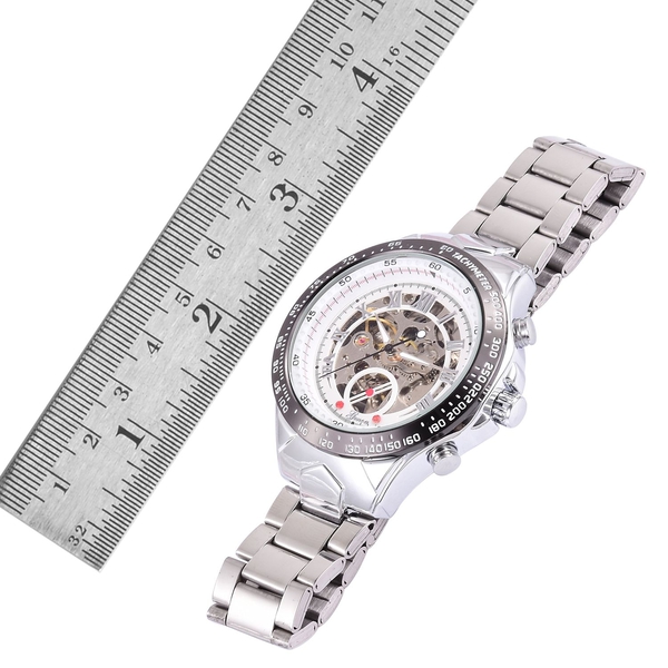 GENOA Automatic Skeleton Red Austrian Crystal Studded White Dial Water Resistant Watch in Silver Tone with Stainless Steel Back and Chain Strap