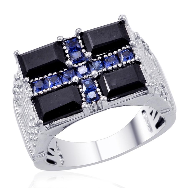 Designer Collection Boi Ploi Black Spinel (Bgt), Simulated Blue Sapphire Ring in Platinum Bond 4.900