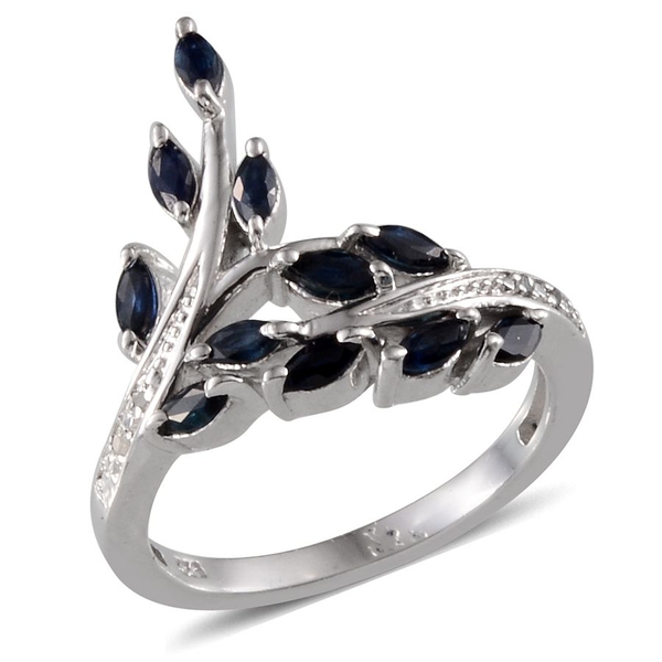 Kanchanaburi Blue Sapphire (Mrq), Diamond Leaf Crossover Ring in Platinum Overlay Sterling Silver 1.