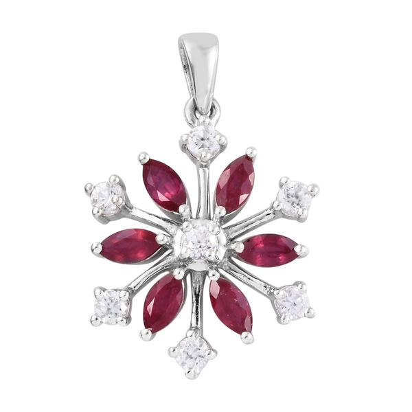 AA African Ruby (Mrq), Natural Cambodian Zircon Snowflake Pendant in Platinum Overlay Sterling Silve