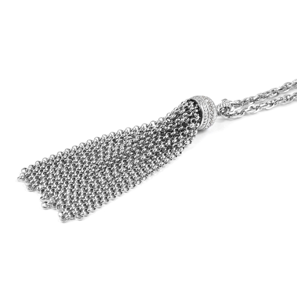 White Austrian Crystal (Rnd) Tassel Necklace (Size 30) in Stainless Steel