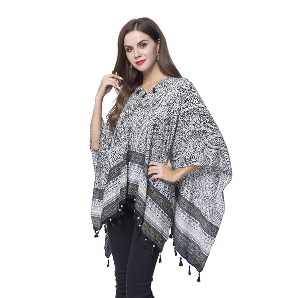 Black, White and Multi Colour Bandana Pattern Poncho with Wooden Beads Adorned Tassels (Size 130X95 Cm)