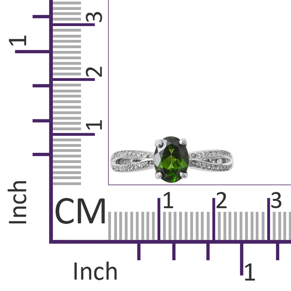 Chrome Diopside (Ovl 1.20 Ct), Natural White Cambodian Zircon Ring in Rhodium Overlay Sterling Silver 1.434 Ct.
