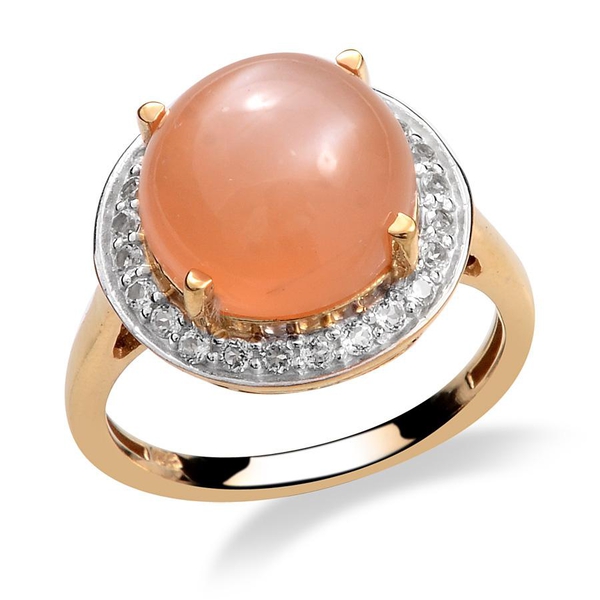 Mitiyagoda Peach Moonstone (Rnd 5.25 Ct), White Topaz Ring in 14K Gold Overlay Sterling Silver 5.750