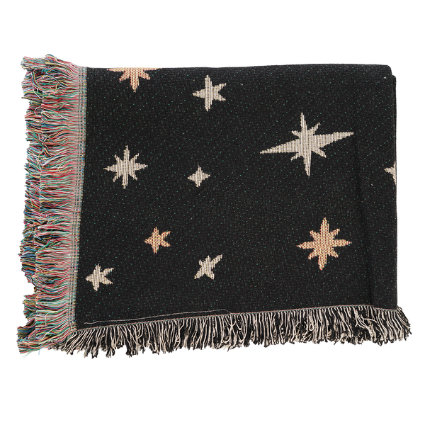 100% Cotton Jacquard Woven Moon Phase Print Throw with Fringes (Size 155x125 Cm) - Black