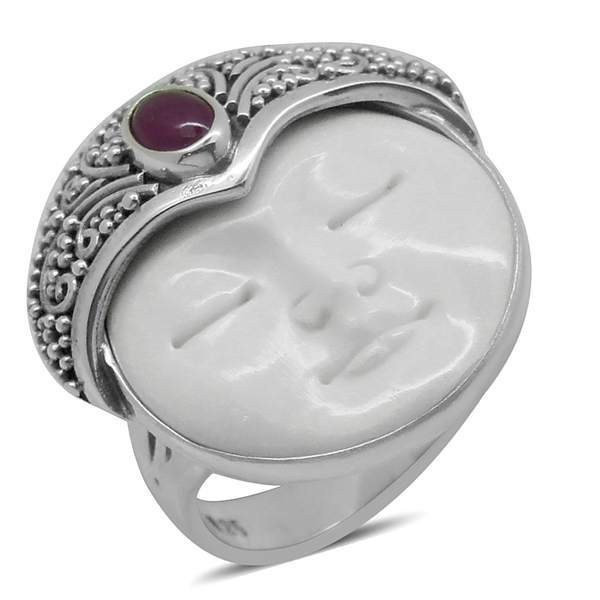 Princess Bali Collection OX Bone Carved Face (Rnd 7.00 Ct), African Ruby Ring in Sterling Silver 7.6