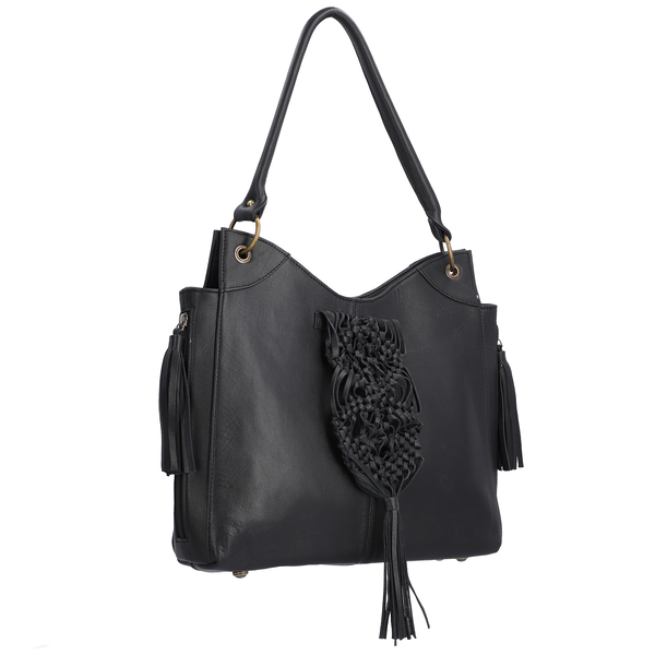 Hand Woven Macrame 100% Genuine Leather Large Tote Bag (Size 34x31x09cm) - Black