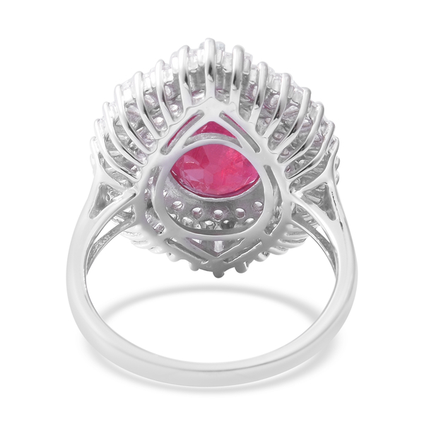 African Ruby (Ovl 7.12 Ct), White Topaz Ring in Rhodium Overlay Sterling Silver 8.920 Ct, Silver wt 5.50 Gms.