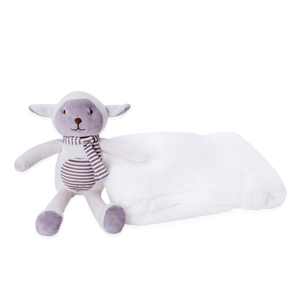 White Colour Plush Blanket (Size 100X75 Cm) and Lamb Soft Toy for Kids