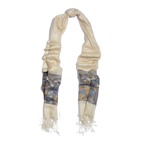 100% Modal Blue and Multi Colour Floral and Leaves Pattern Cream Colour Jacquard Scarf (Size 190x70 Cm)