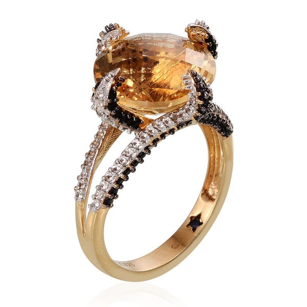 GP Checkerboard Cut Citrine (Rnd 9.75 Ct), Boi Ploi Black Spinel, Kanchanaburi Blue Sapphire and White Topaz Ring in 14K Gold Overlay Sterling Silver 11.000 Ct.