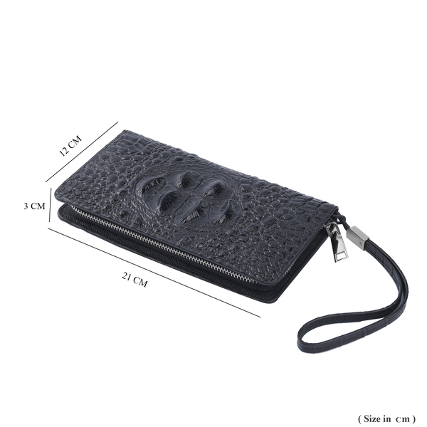 100% Genuine Leather Croc Embossed Wallet with Zipper Closure (Size 21x12x3 Cm) - Black