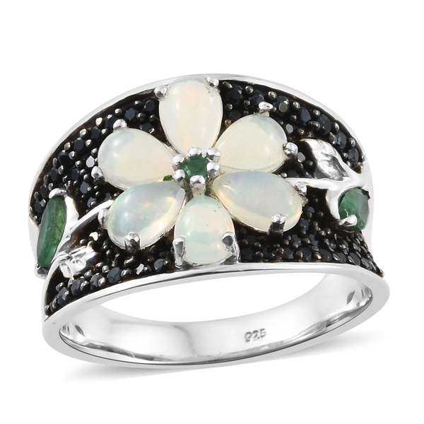 Ethiopian Welo Opal (Pear), Boi Ploi Black Spinel and Kagem Zambian Emerald Floral Ring in Platinum 